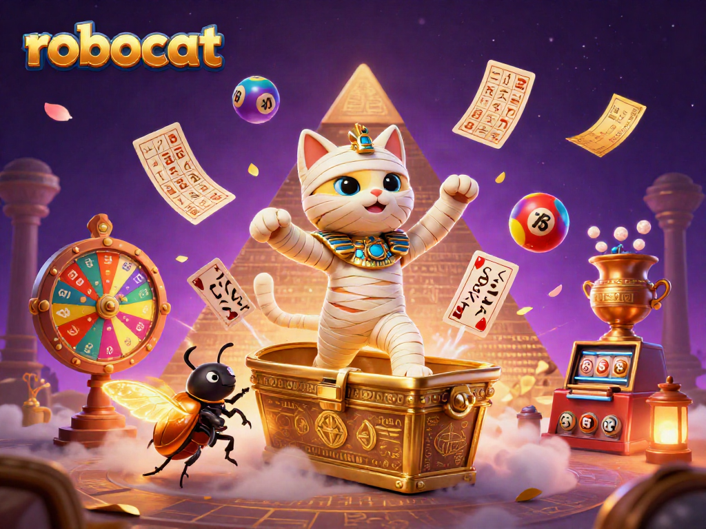 Engage in the excitement of robocat-themed gaming with a vibrant 3D casino illustration.