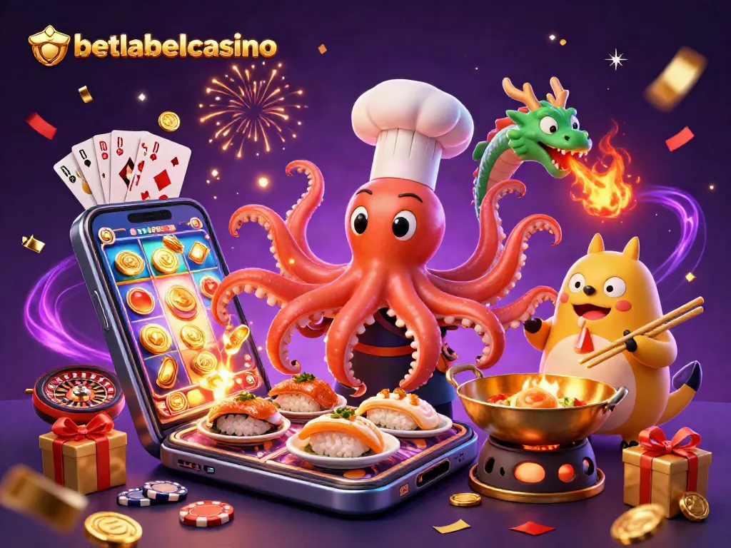 Experience the excitement of betlabelcasino with a cartoon octopus chef and vibrant gaming elements.