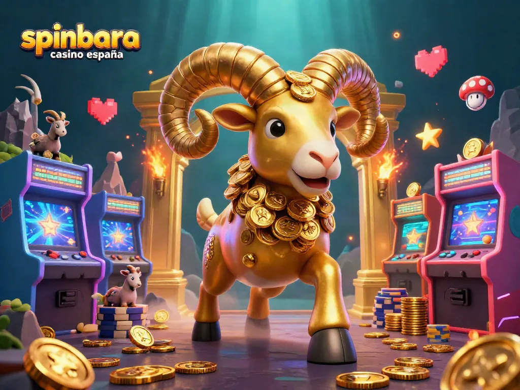 Experience thrill at Spinbara Casino España with a golden ram charging through arcade games and gold!