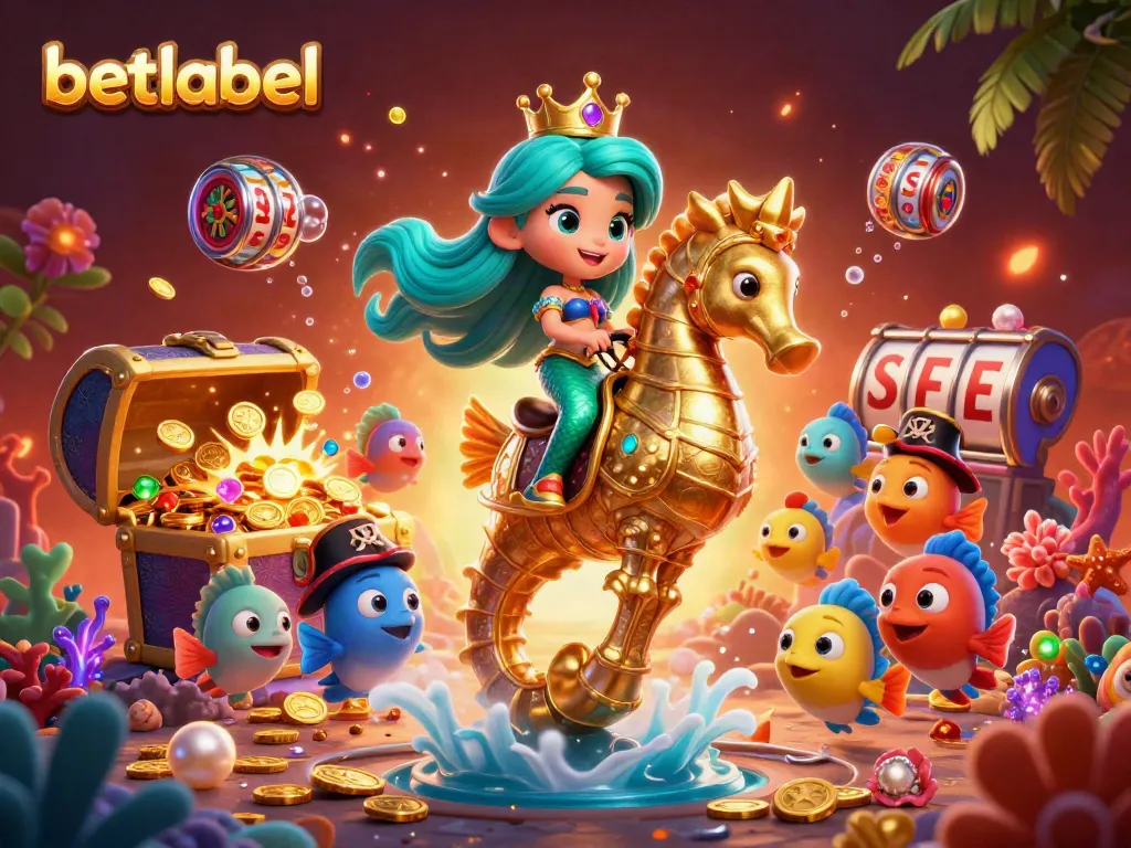 Betlabel reveals a vibrant casino underwater scene with a mermaid and seahorse amidst gaming treasures.