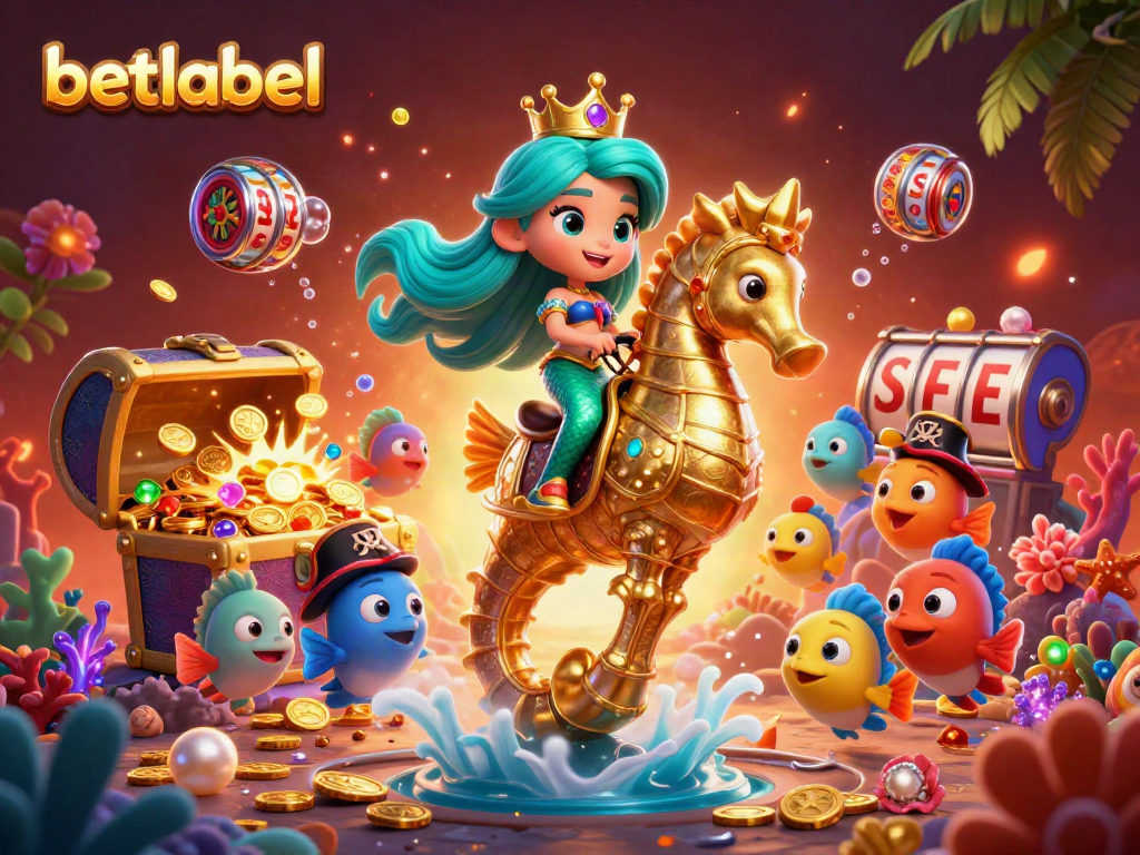 Betlabel reveals a vibrant casino underwater scene with a mermaid and seahorse amidst gaming treasures.
